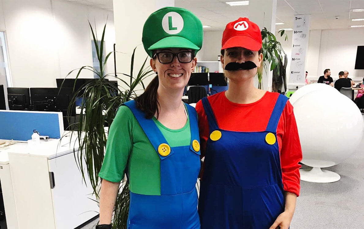 Game Masters Kate and Rhian dressed as Mario and Luigi for the Selesti birthday party.